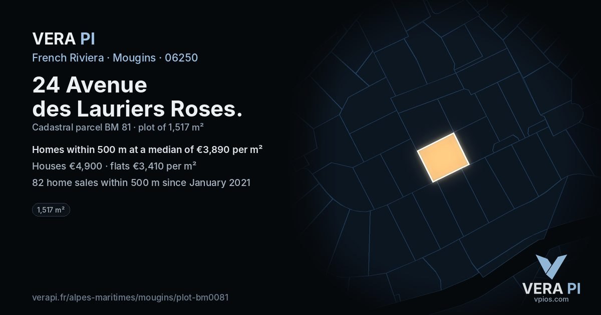 24 Avenue des Lauriers Roses, Mougins at night – the plot lit, the parcels around coloured by the prices near them