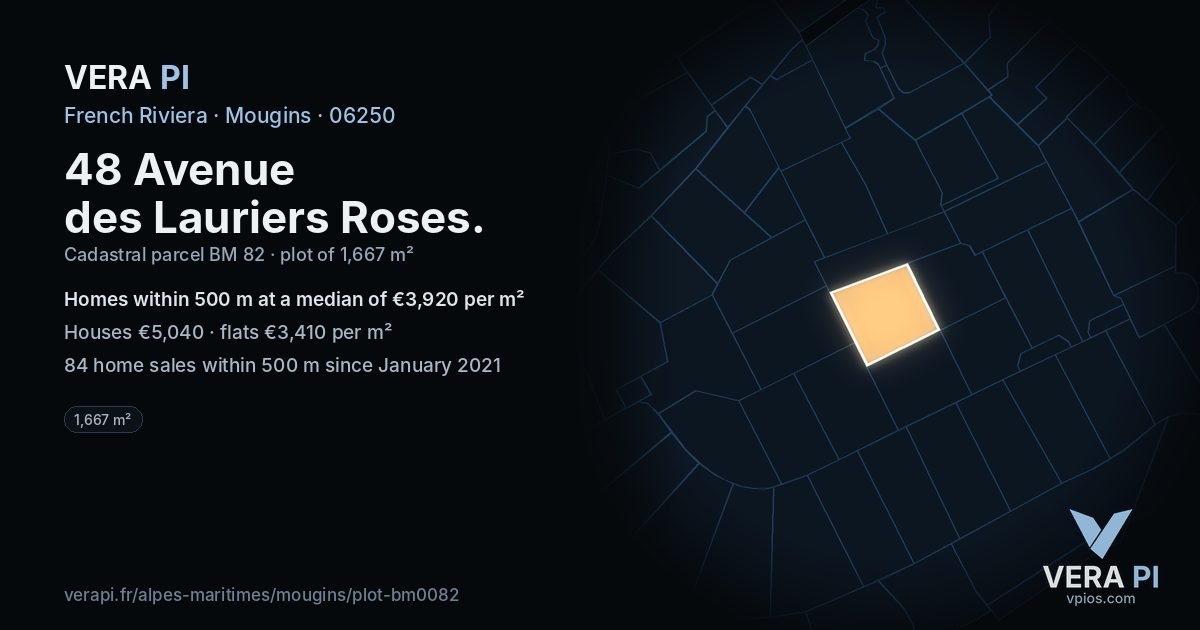 48 Avenue des Lauriers Roses, Mougins at night – the plot lit, the parcels around coloured by the prices near them