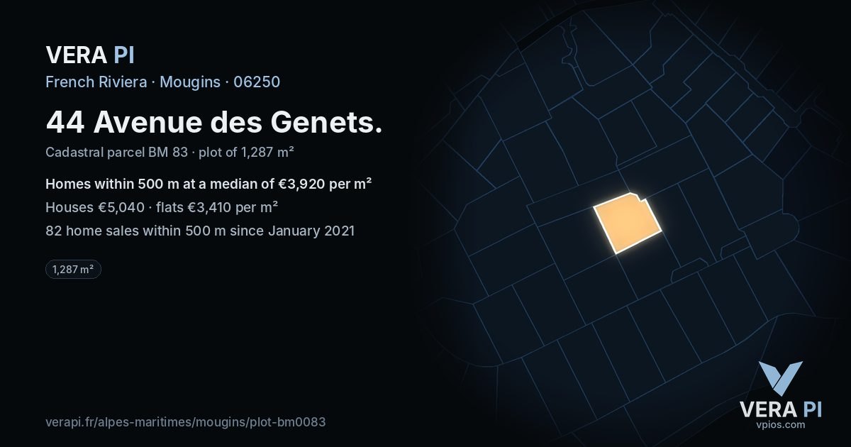 44 Avenue des Genets, Mougins at night – the plot lit, the parcels around coloured by the prices near them