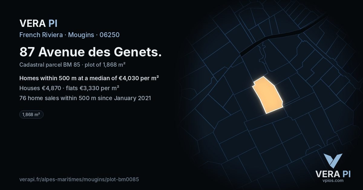 87 Avenue des Genets, Mougins at night – the plot lit, the parcels around coloured by the prices near them