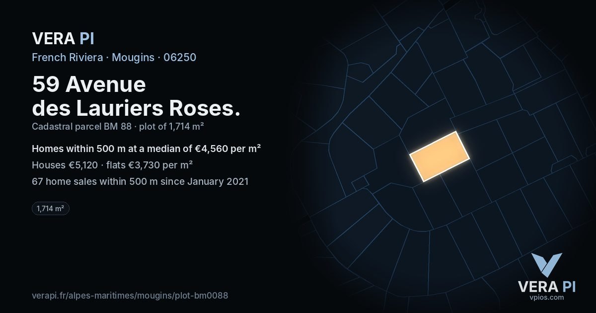 59 Avenue des Lauriers Roses, Mougins at night – the plot lit, the parcels around coloured by the prices near them