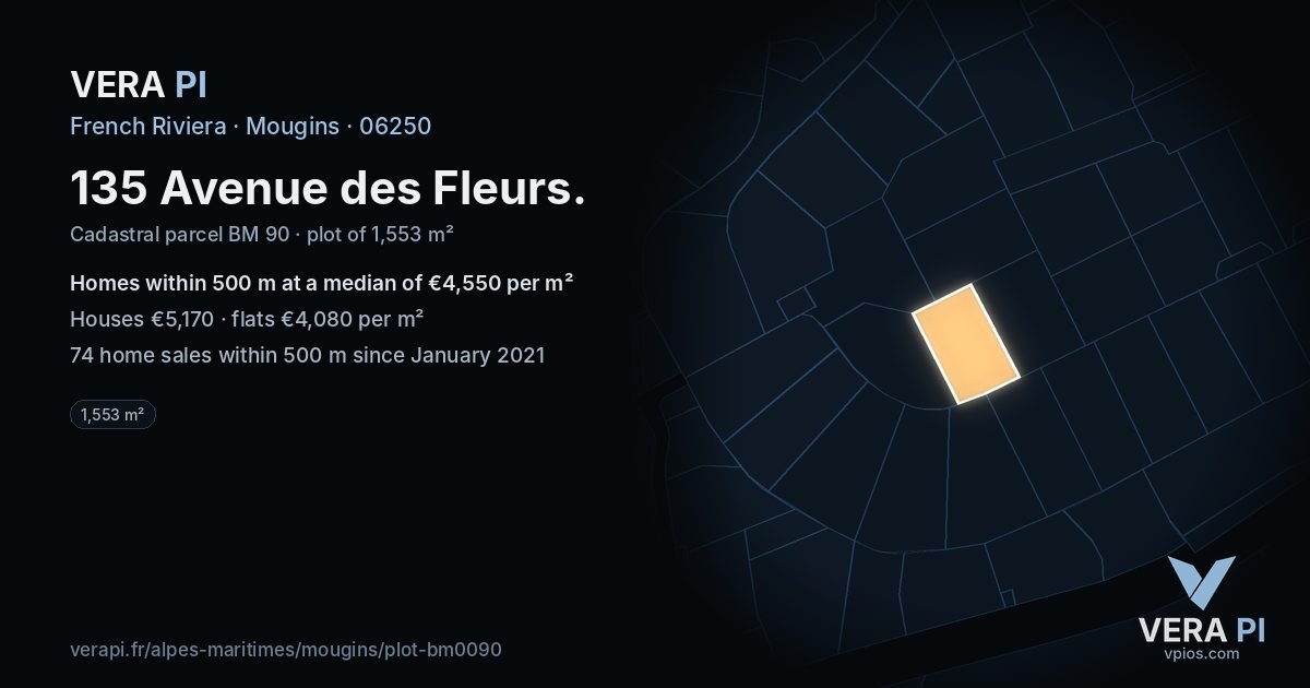 135 Avenue des Fleurs, Mougins at night – the plot lit, the parcels around coloured by the prices near them