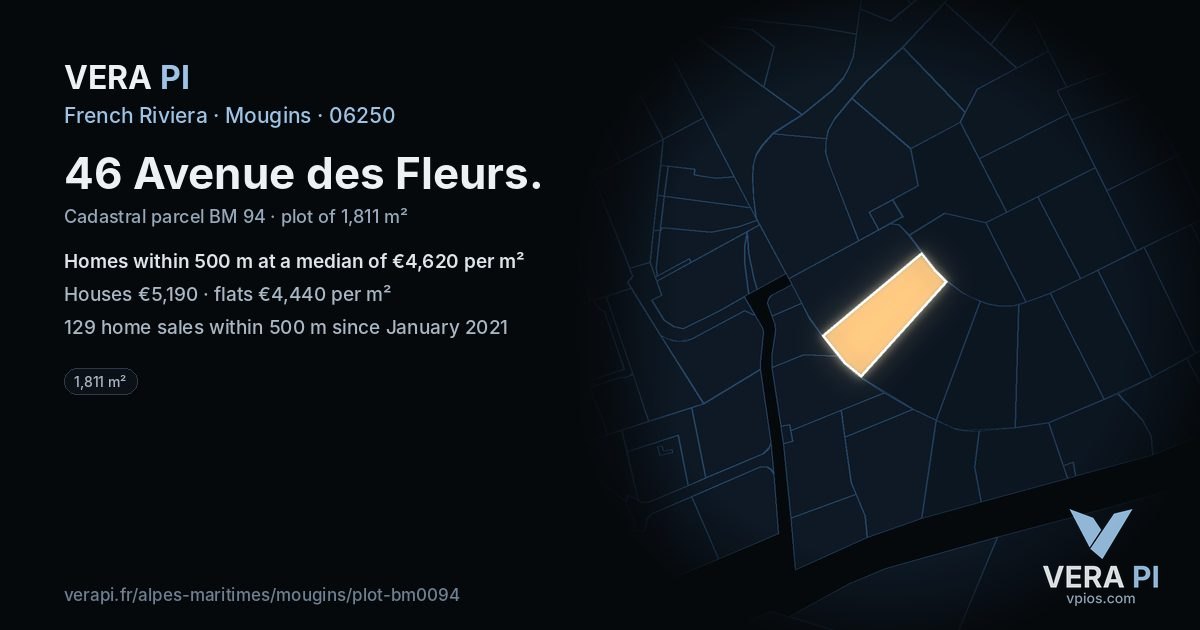 46 Avenue des Fleurs, Mougins at night – the plot lit, the parcels around coloured by the prices near them