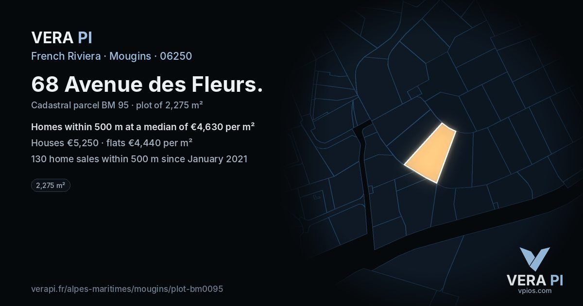 68 Avenue des Fleurs, Mougins at night – the plot lit, the parcels around coloured by the prices near them