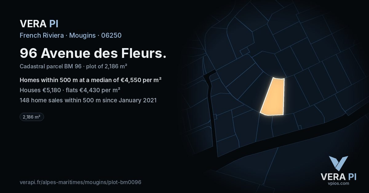 96 Avenue des Fleurs, Mougins at night – the plot lit, the parcels around coloured by the prices near them