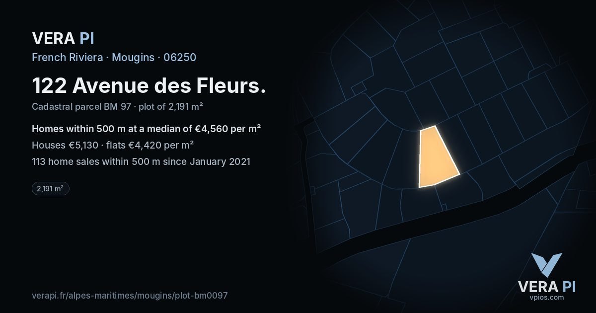 122 Avenue des Fleurs, Mougins at night – the plot lit, the parcels around coloured by the prices near them