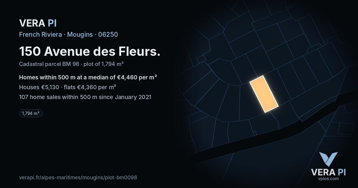 150 Avenue des Fleurs, Mougins at night – the plot lit, the parcels around coloured by the prices near them