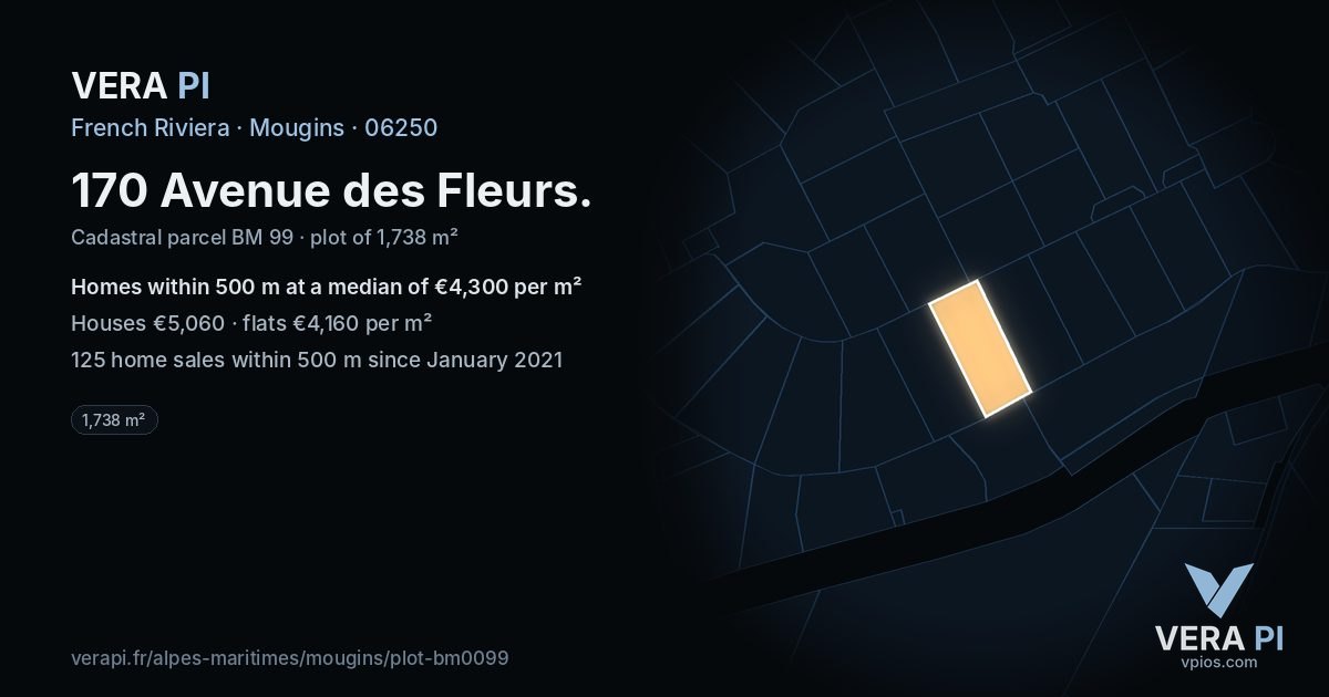 170 Avenue des Fleurs, Mougins at night – the plot lit, the parcels around coloured by the prices near them
