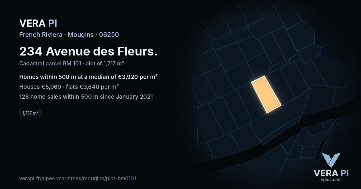 234 Avenue des Fleurs, Mougins at night – the plot lit, the parcels around coloured by the prices near them