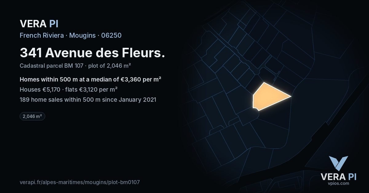 341 Avenue des Fleurs, Mougins at night – the plot lit, the parcels around coloured by the prices near them
