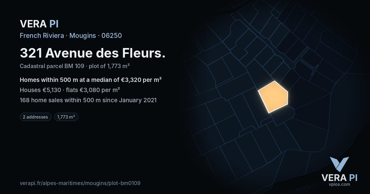 321 Avenue des Fleurs, Mougins at night – the plot lit, the parcels around coloured by the prices near them