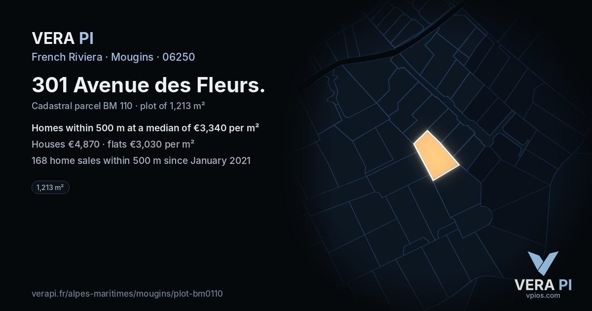 301 Avenue des Fleurs, Mougins at night – the plot lit, the parcels around coloured by the prices near them