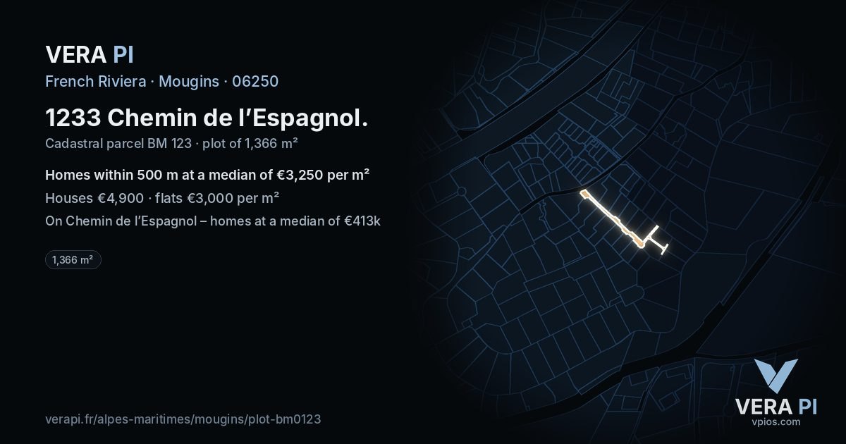 1233 Chemin de l’Espagnol, Mougins at night – the plot lit, the parcels around coloured by the prices near them