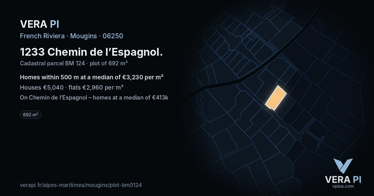 1233 Chemin de l’Espagnol, Mougins at night – the plot lit, the parcels around coloured by the prices near them