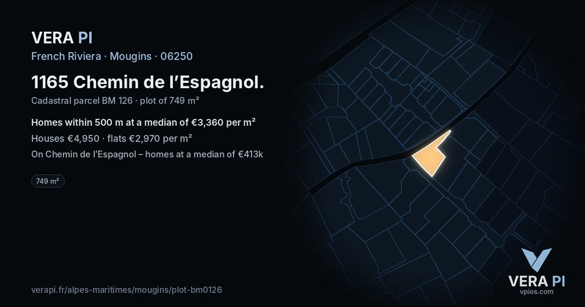 1165 Chemin de l’Espagnol, Mougins at night – the plot lit, the parcels around coloured by the prices near them