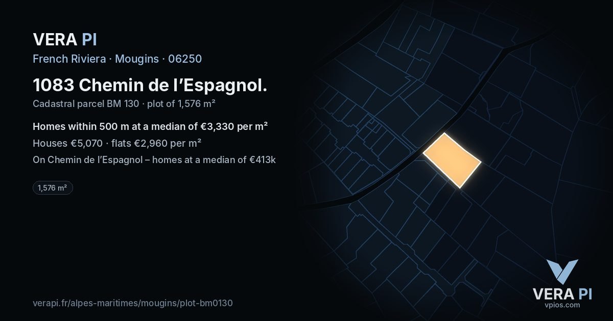 1083 Chemin de l’Espagnol, Mougins at night – the plot lit, the parcels around coloured by the prices near them