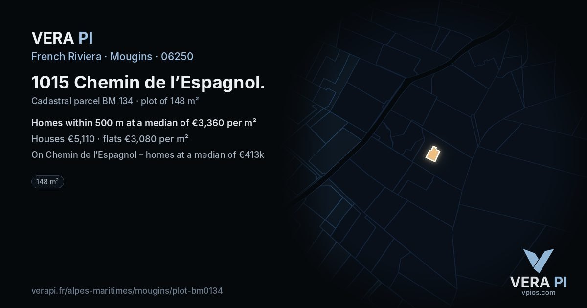 1015 Chemin de l’Espagnol, Mougins at night – the plot lit, the parcels around coloured by the prices near them