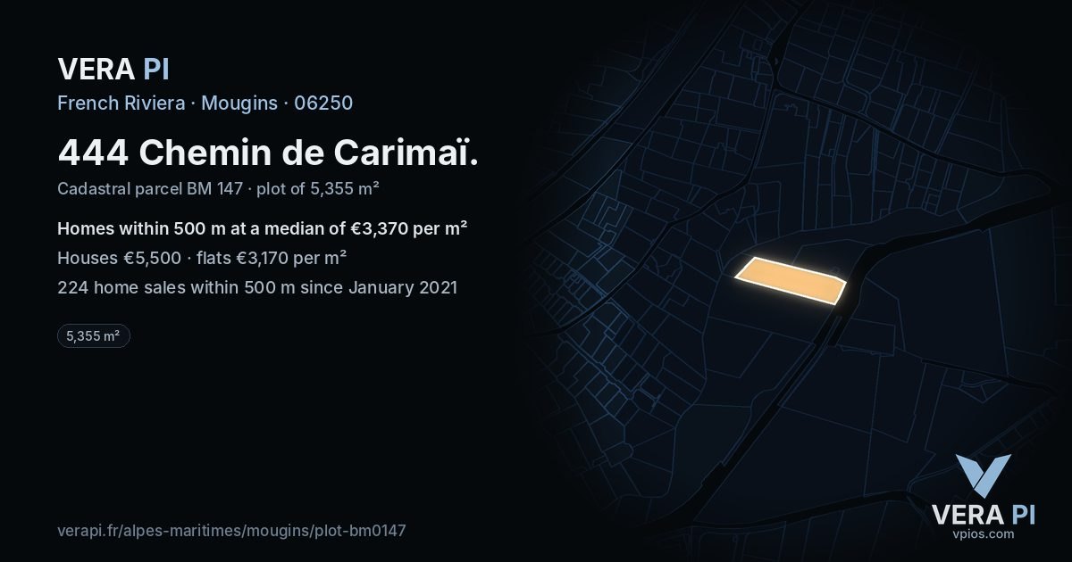 444 Chemin de Carimaï, Mougins at night – the plot lit, the parcels around coloured by the prices near them