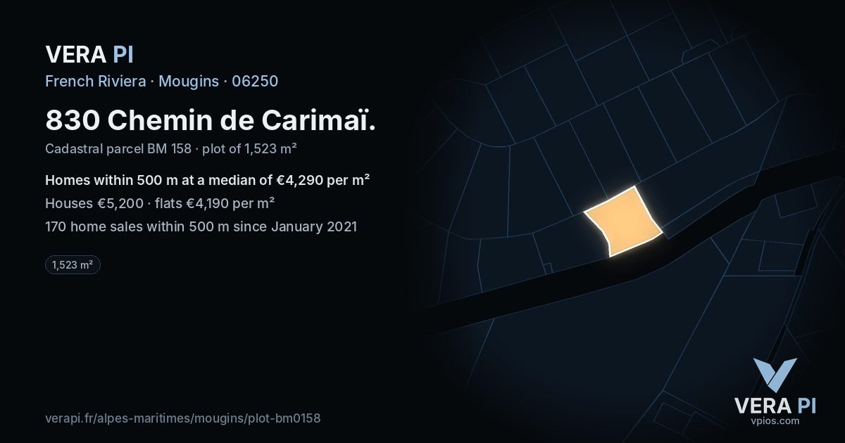 830 Chemin de Carimaï, Mougins at night – the plot lit, the parcels around coloured by the prices near them