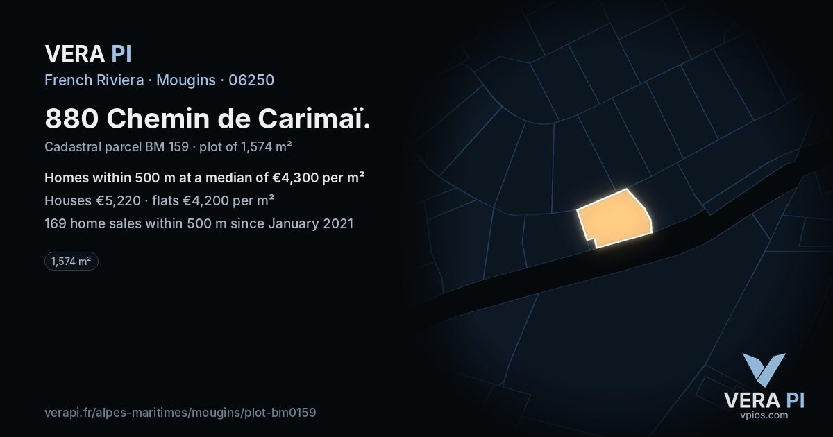 880 Chemin de Carimaï, Mougins at night – the plot lit, the parcels around coloured by the prices near them