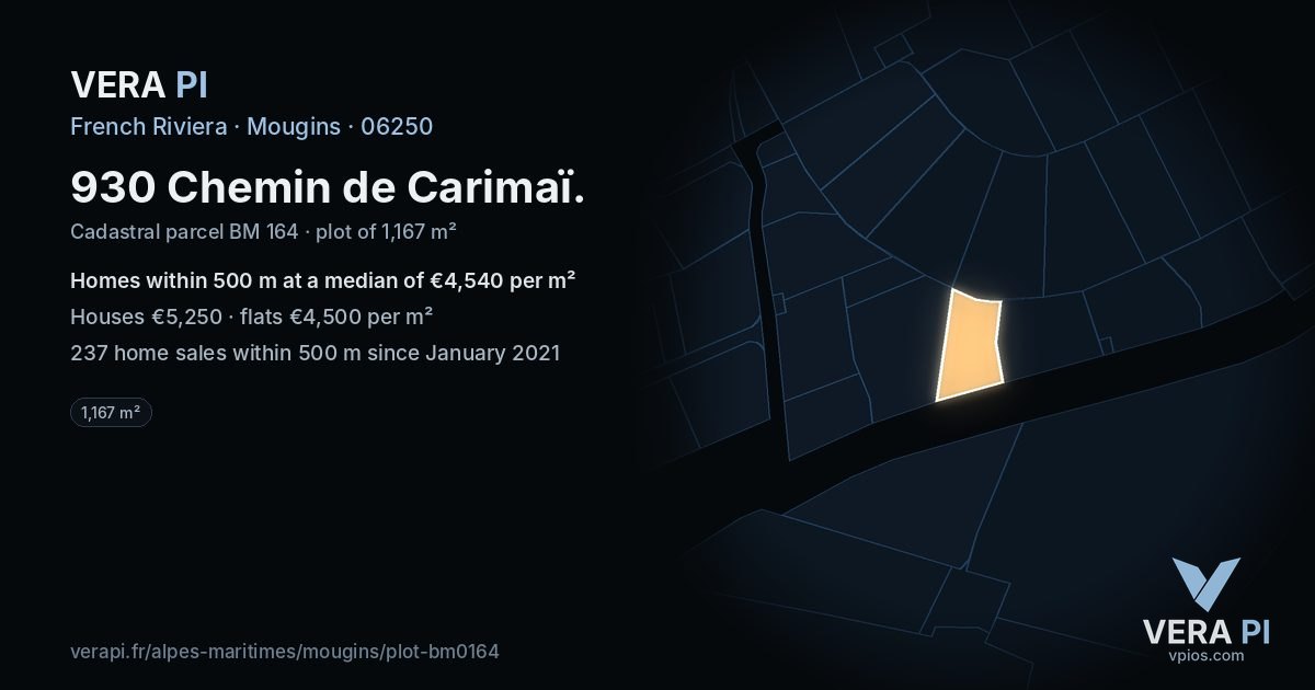 930 Chemin de Carimaï, Mougins at night – the plot lit, the parcels around coloured by the prices near them