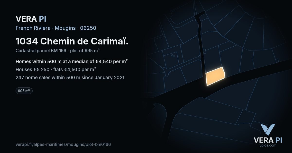 1034 Chemin de Carimaï, Mougins at night – the plot lit, the parcels around coloured by the prices near them