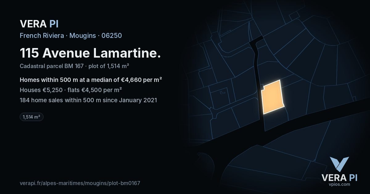 115 Avenue Lamartine, Mougins at night – the plot lit, the parcels around coloured by the prices near them