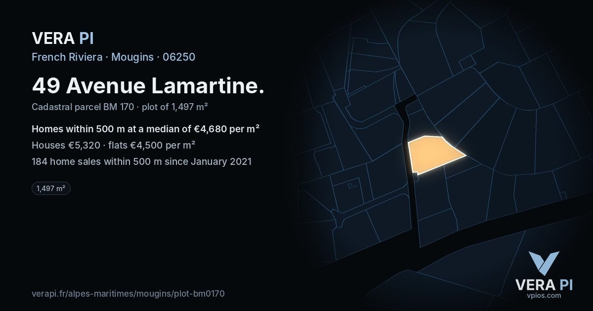 49 Avenue Lamartine, Mougins at night – the plot lit, the parcels around coloured by the prices near them