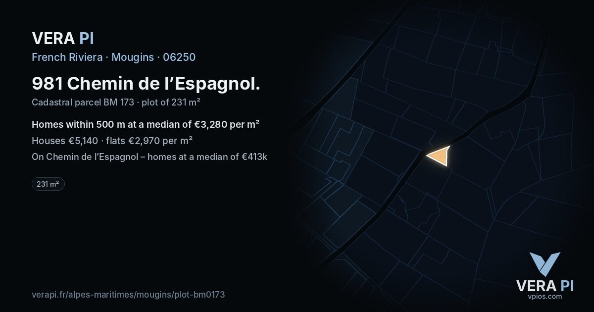 981 Chemin de l’Espagnol, Mougins at night – the plot lit, the parcels around coloured by the prices near them