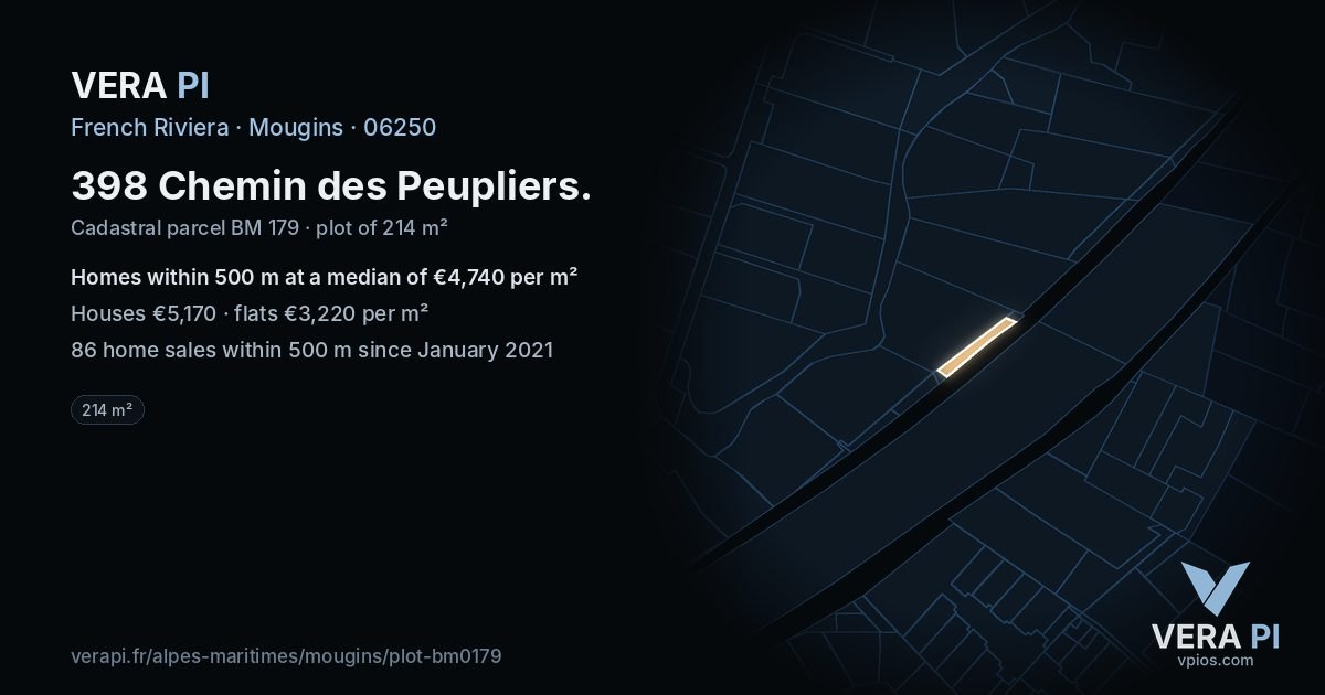 398 Chemin des Peupliers, Mougins at night – the plot lit, the parcels around coloured by the prices near them