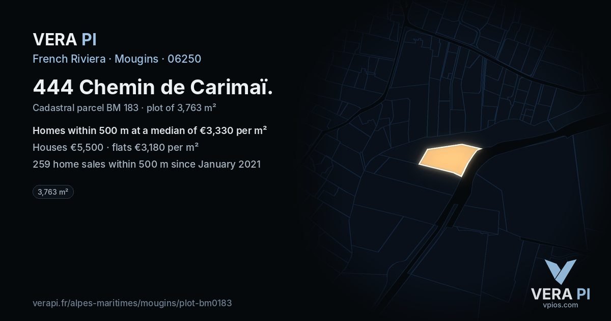444 Chemin de Carimaï, Mougins at night – the plot lit, the parcels around coloured by the prices near them
