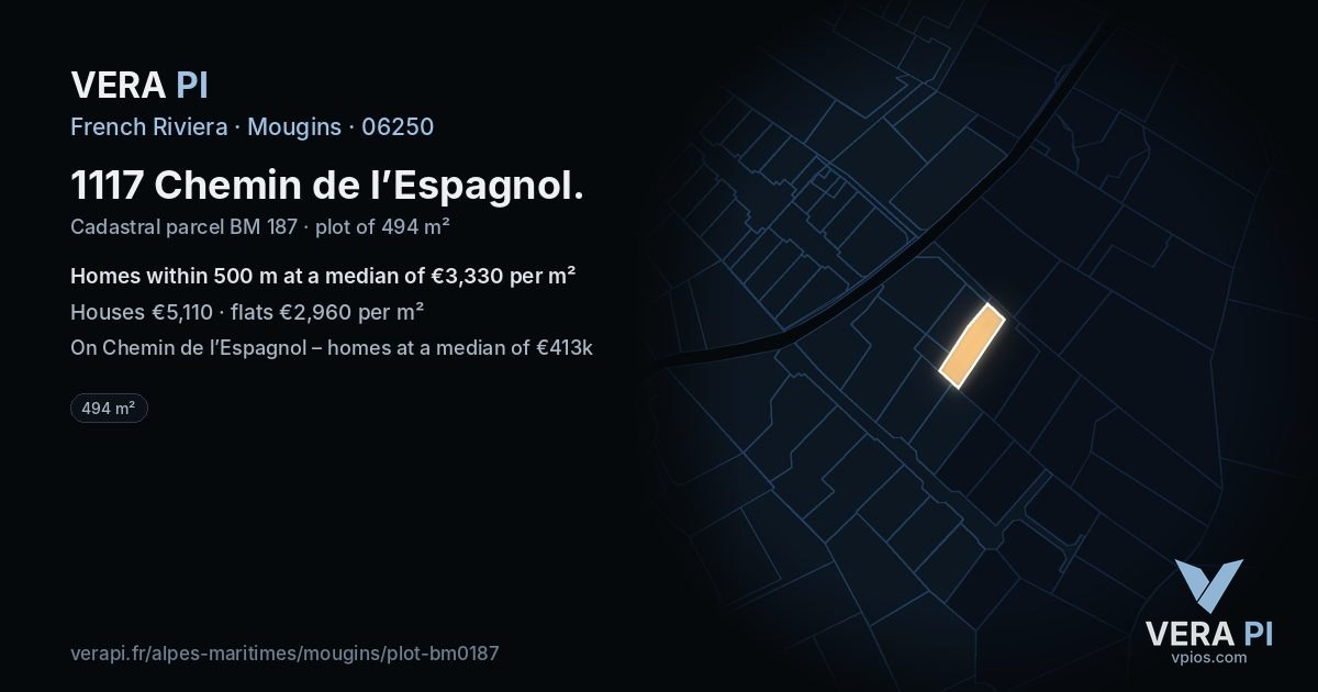 1117 Chemin de l’Espagnol, Mougins at night – the plot lit, the parcels around coloured by the prices near them