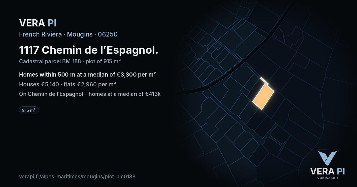 1117 Chemin de l’Espagnol, Mougins at night – the plot lit, the parcels around coloured by the prices near them