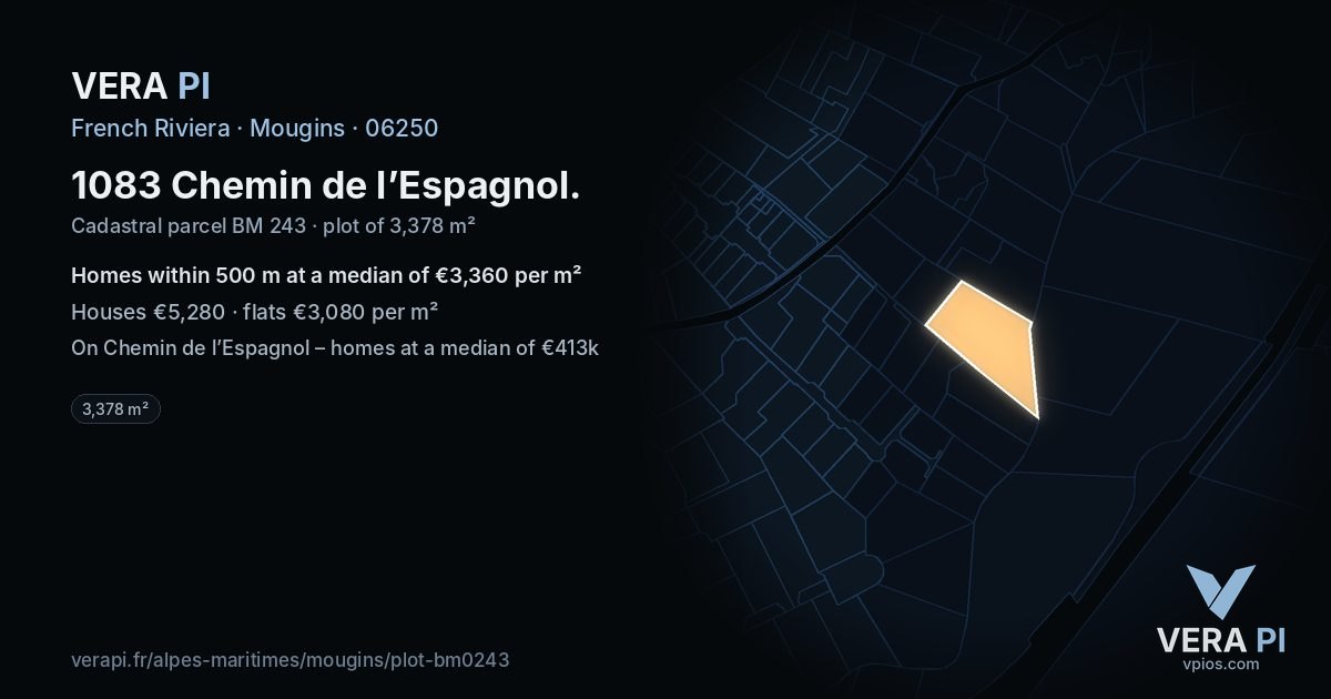 1083 Chemin de l’Espagnol, Mougins at night – the plot lit, the parcels around coloured by the prices near them