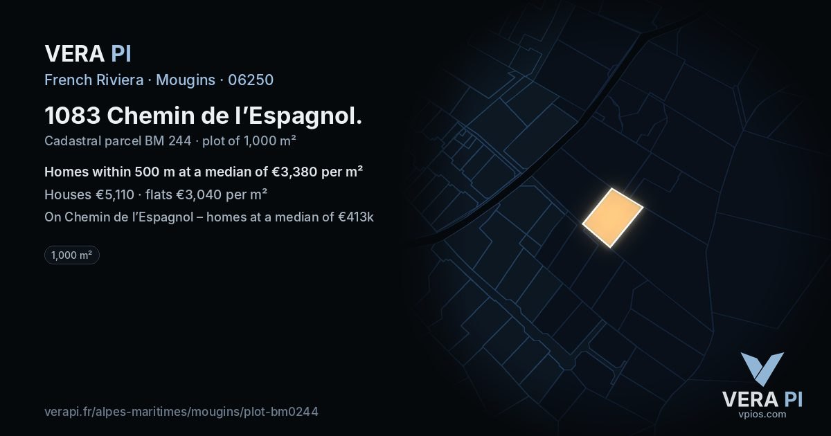 1083 Chemin de l’Espagnol, Mougins at night – the plot lit, the parcels around coloured by the prices near them
