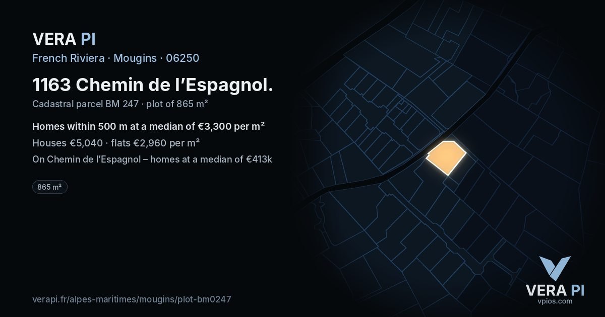 1163 Chemin de l’Espagnol, Mougins at night – the plot lit, the parcels around coloured by the prices near them