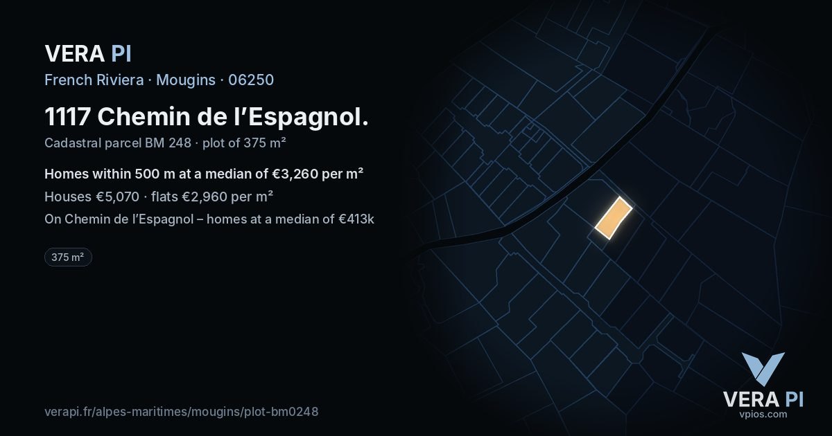 1117 Chemin de l’Espagnol, Mougins at night – the plot lit, the parcels around coloured by the prices near them