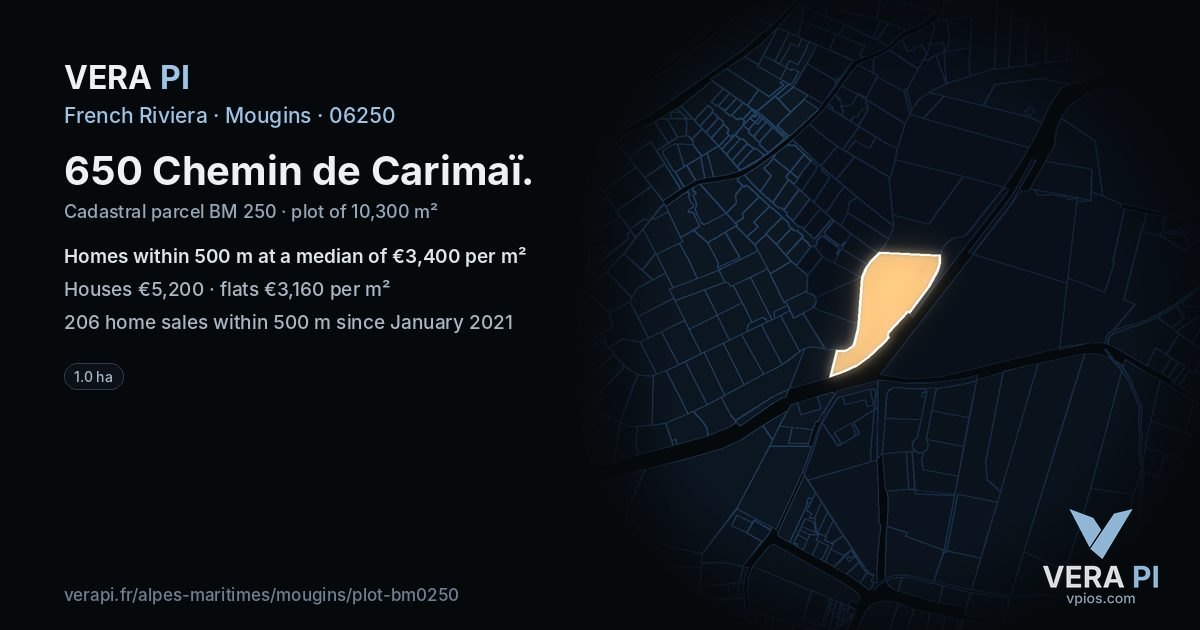 650 Chemin de Carimaï, Mougins at night – the plot lit, the parcels around coloured by the prices near them