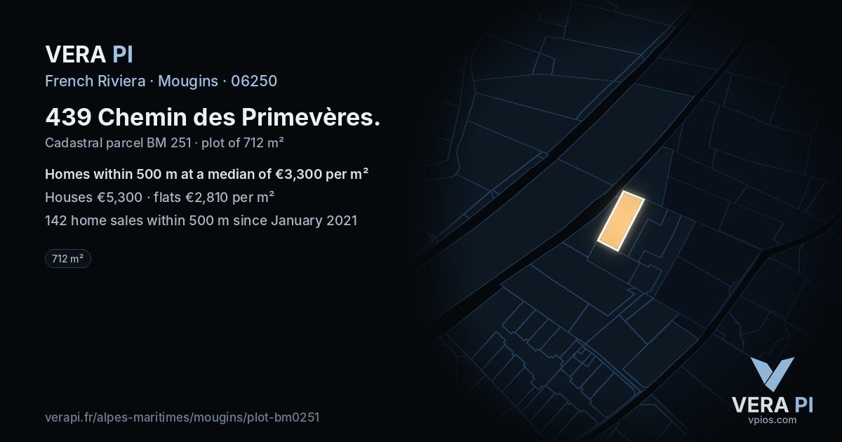 439 Chemin des Primevères, Mougins at night – the plot lit, the parcels around coloured by the prices near them