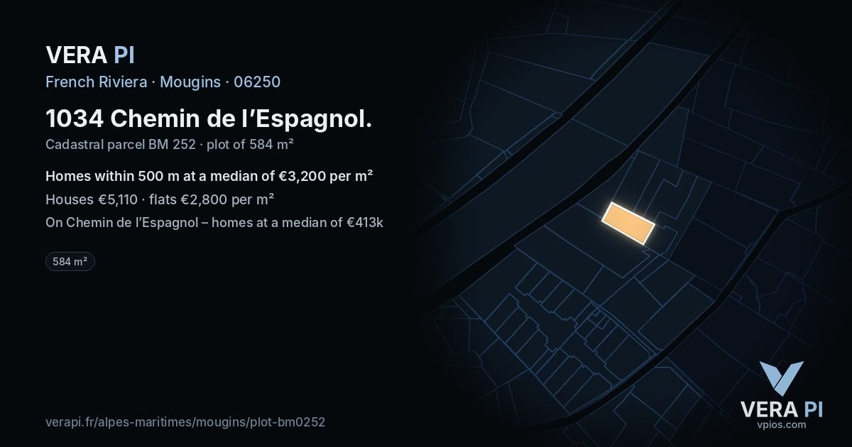 1034 Chemin de l’Espagnol, Mougins at night – the plot lit, the parcels around coloured by the prices near them