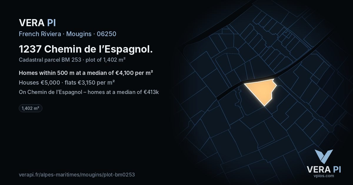 1237 Chemin de l’Espagnol, Mougins at night – the plot lit, the parcels around coloured by the prices near them