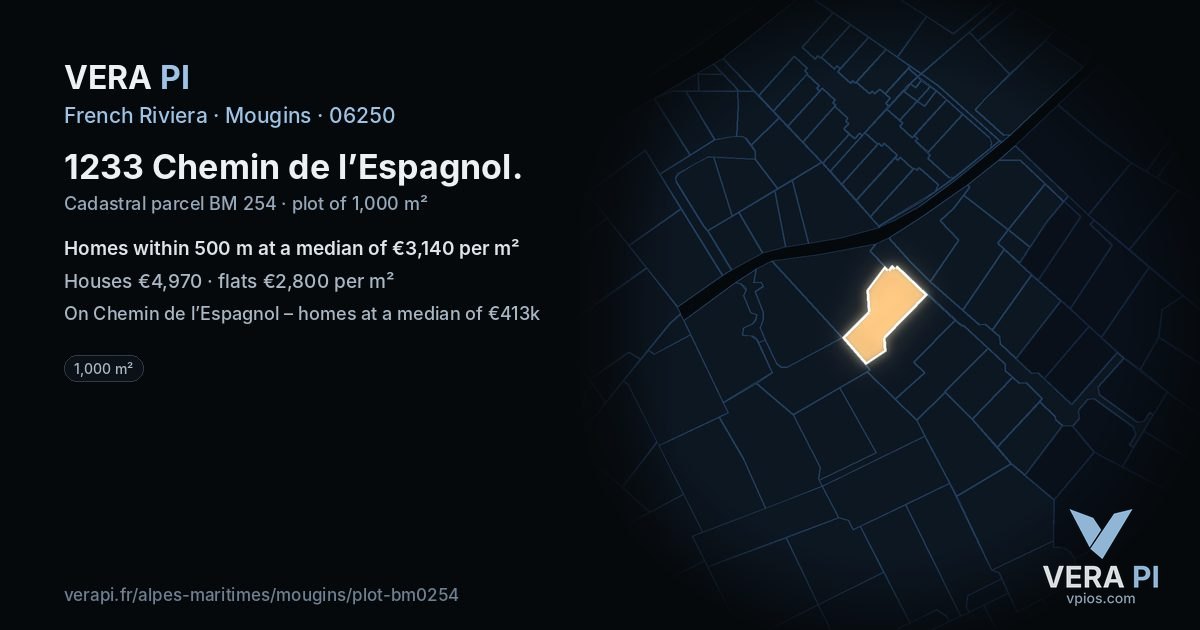 1233 Chemin de l’Espagnol, Mougins at night – the plot lit, the parcels around coloured by the prices near them