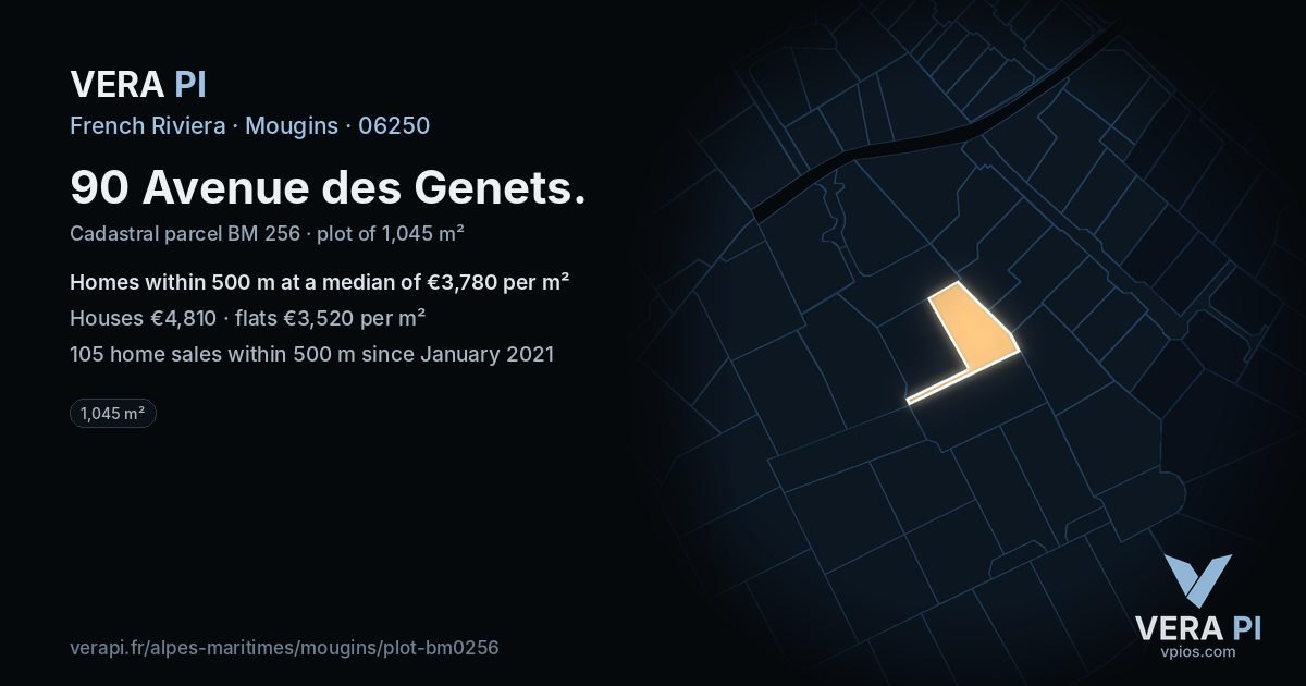 90 Avenue des Genets, Mougins at night – the plot lit, the parcels around coloured by the prices near them