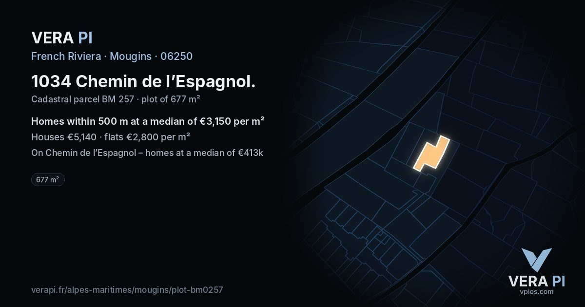 1034 Chemin de l’Espagnol, Mougins at night – the plot lit, the parcels around coloured by the prices near them