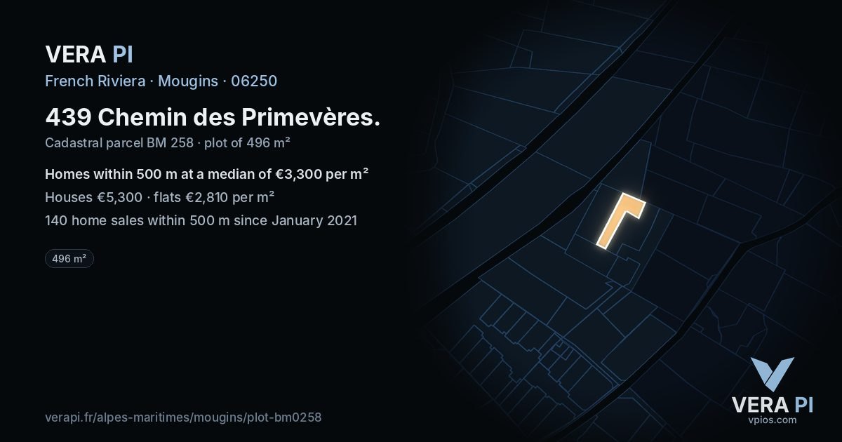 439 Chemin des Primevères, Mougins at night – the plot lit, the parcels around coloured by the prices near them