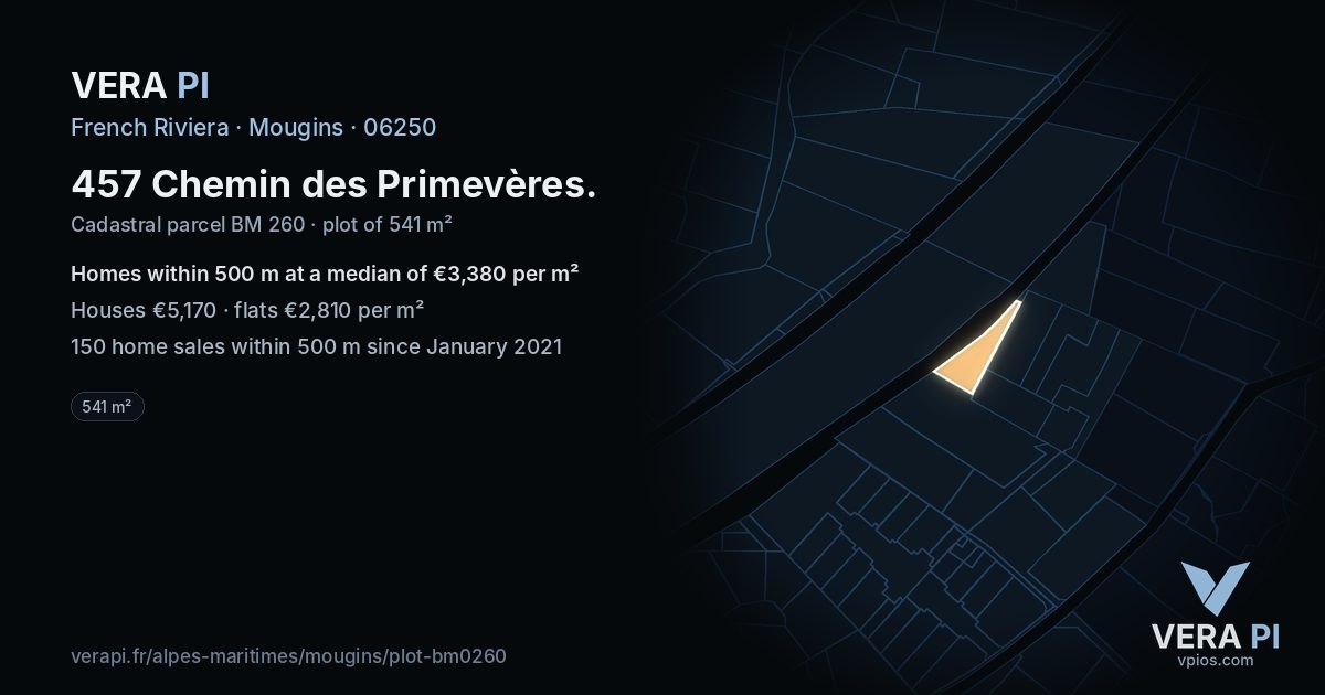 457 Chemin des Primevères, Mougins at night – the plot lit, the parcels around coloured by the prices near them