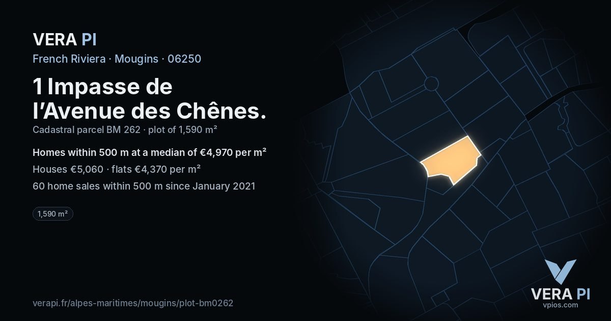 1 Impasse de l’Avenue des Chênes, Mougins at night – the plot lit, the parcels around coloured by the prices near them