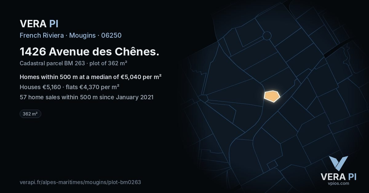 1426 Avenue des Chênes, Mougins at night – the plot lit, the parcels around coloured by the prices near them