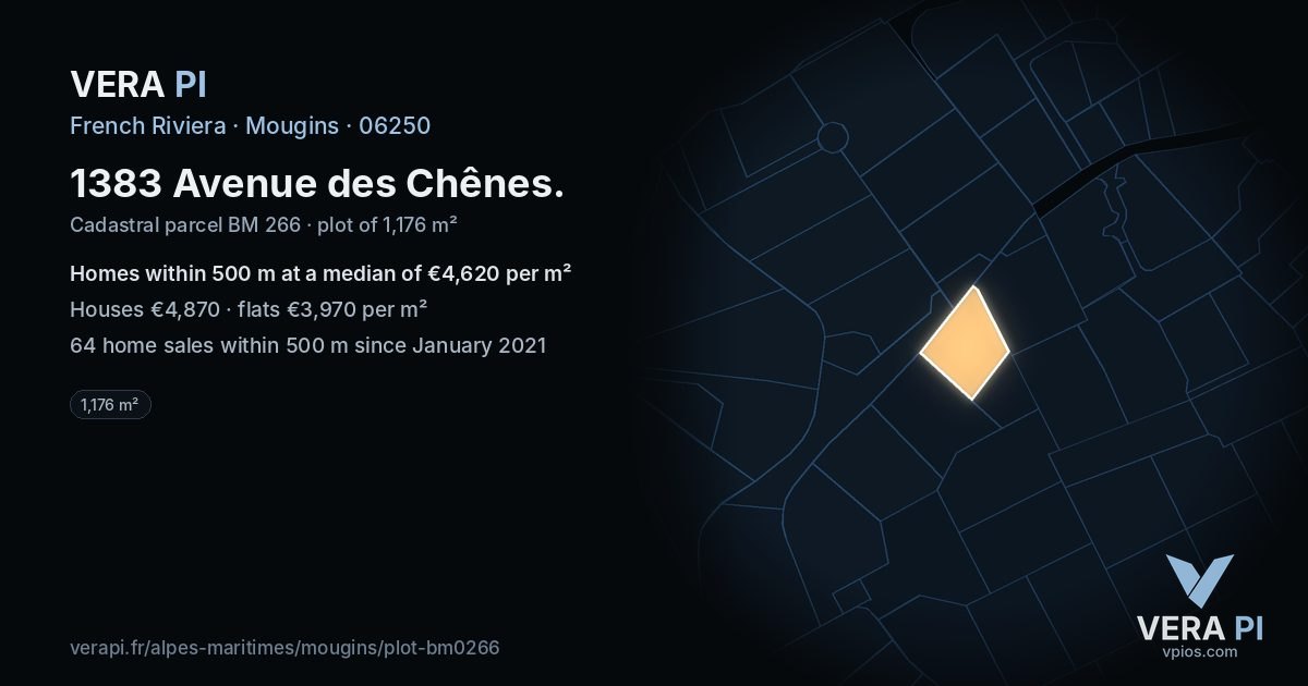 1383 Avenue des Chênes, Mougins at night – the plot lit, the parcels around coloured by the prices near them