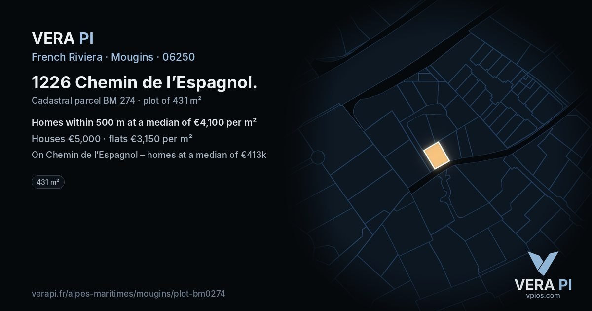 1226 Chemin de l’Espagnol, Mougins at night – the plot lit, the parcels around coloured by the prices near them
